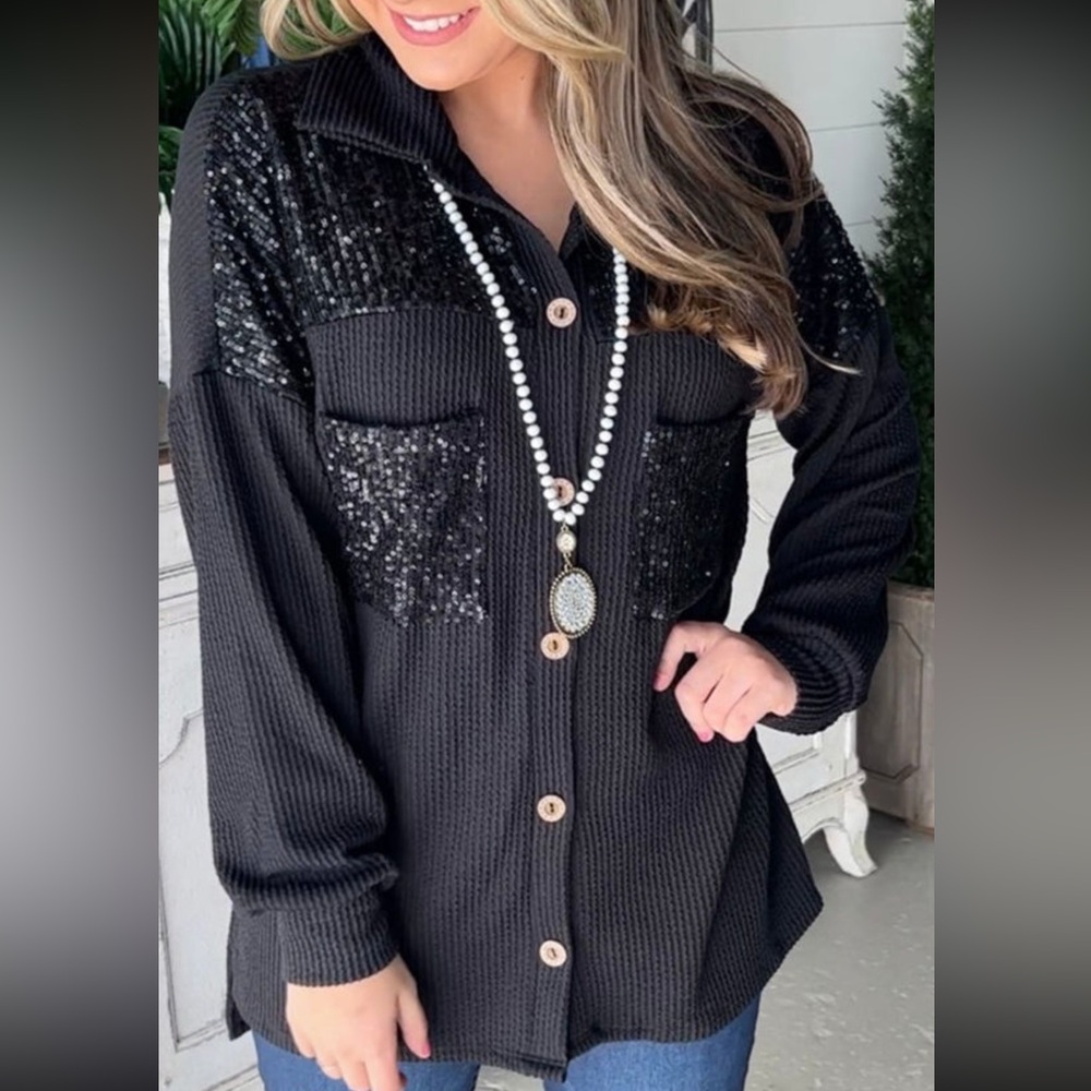 1031. Sequin button down corded ribbed long sleeve top black